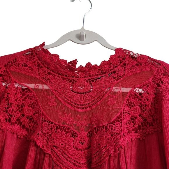Torrid Blouse 1X Red Crinkle Gauze Crochet Detail Top‎ Longsleeve Casual - Picture 2 of 12